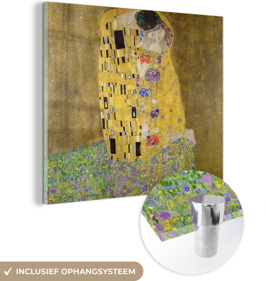 MuchoWow® Glasschilderij 20x20 cm - Schilderij acrylglas - De kus - Gustav Klimt - Foto op glas - Schilderijen