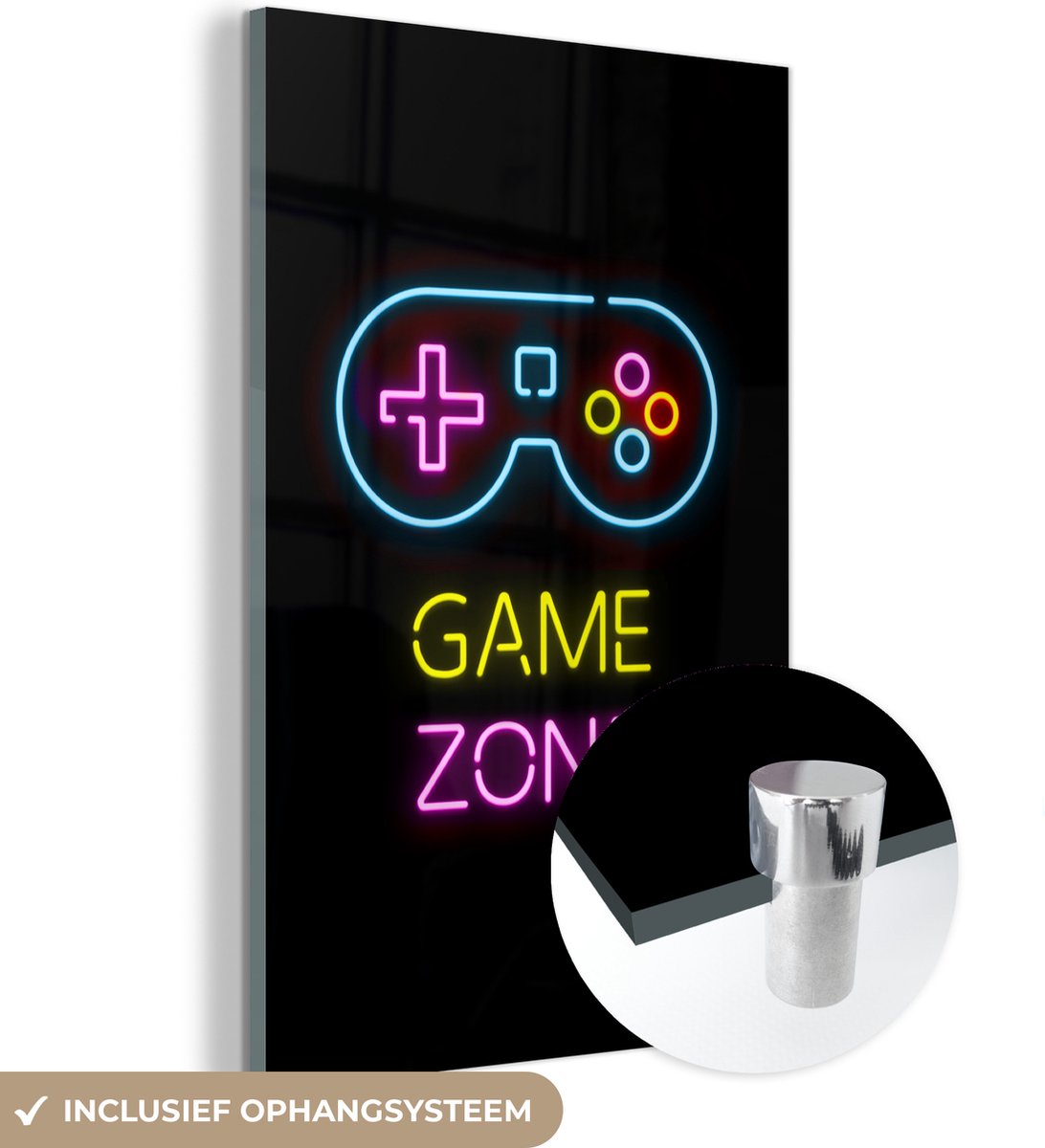 MuchoWow® Glasschilderij 20x30 cm - Schilderij acrylglas - Controller - Game - Neon - Zwart - Quotes - Game zone - Foto op glas - Schilderijen