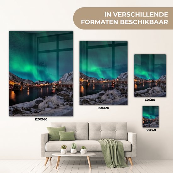 MuchoWow® Peinture sur verre 90x120 cm - Peinture sur verre acrylique - Aurores boréales - Islande - Neige - Village - Vert - Montagnes - Photo sur verre - Peintures