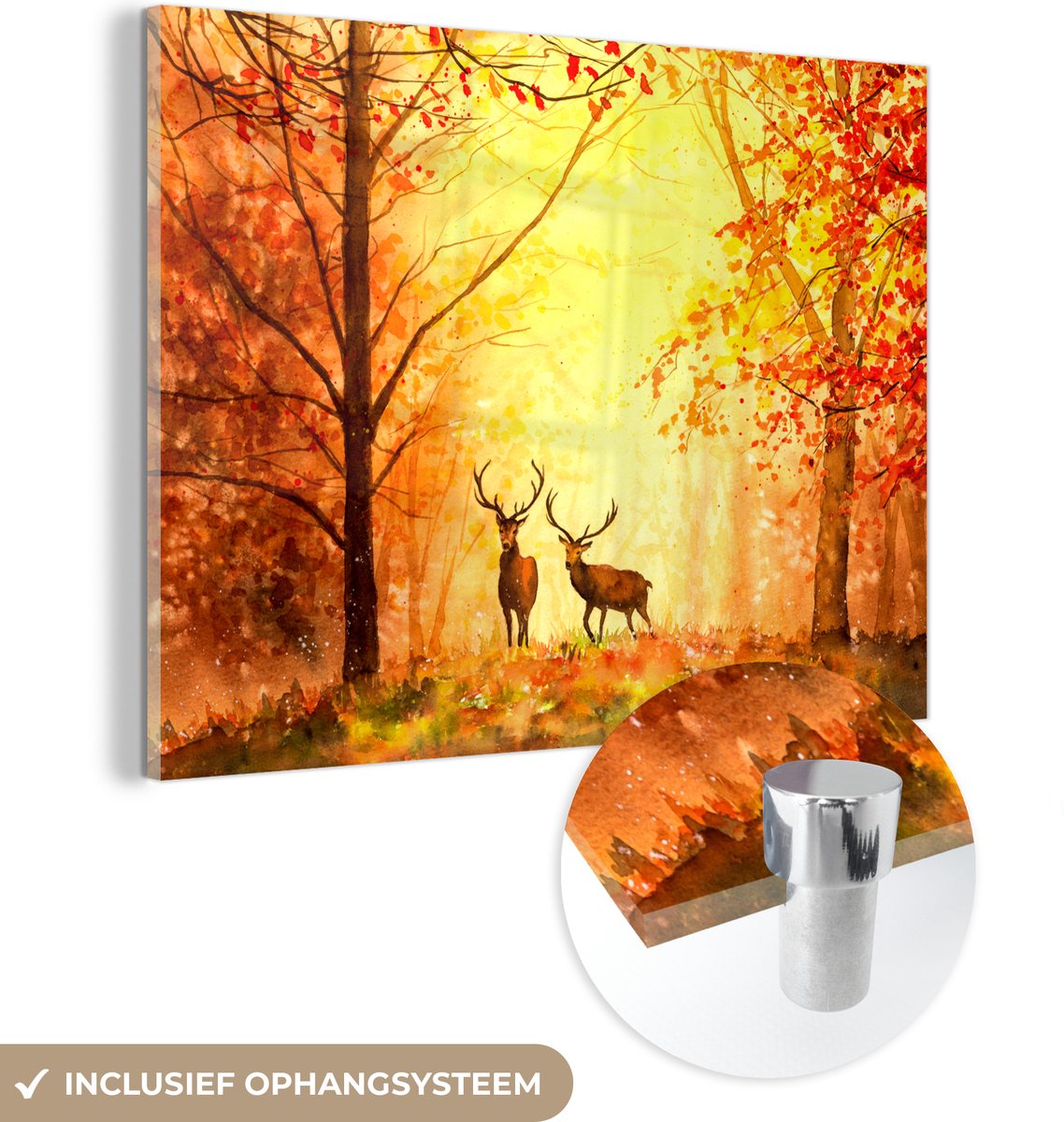 MuchoWow® Glasschilderij 120x90 cm - Schilderij acrylglas - Natuur - Olieverf - Hert - Dieren - Herfst - Oranje - Foto op glas - Schilderijen