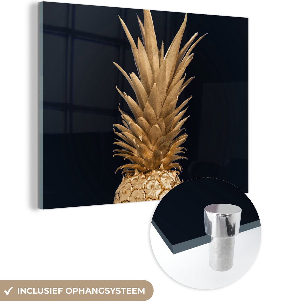 MuchoWow® Glasschilderij 80x60 cm - Schilderij acrylglas - Ananas - Goud - Verf - Zwart - 