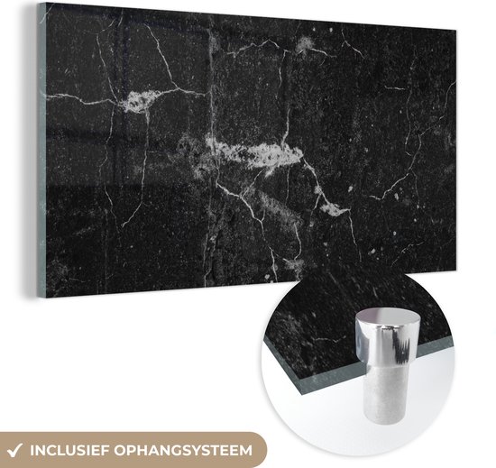 Glasschilderij zwart wit - Steen - Graniet - Structuren - Stenen look - Zwart - Wit - 160x80 cm - Schilderij glas - Decoratie woonkamer