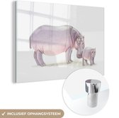 MuchoWow® Glasschilderij 60x40 cm - Schilderij acrylglas - Nijlpaard - Kalf - Waterverf - Foto op glas - Schilderijen