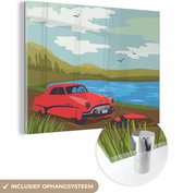 MuchoWow® Glasschilderij 80x60 cm - Schilderij acrylglas - Vintage rode auto - Foto op glas - Schilderijen