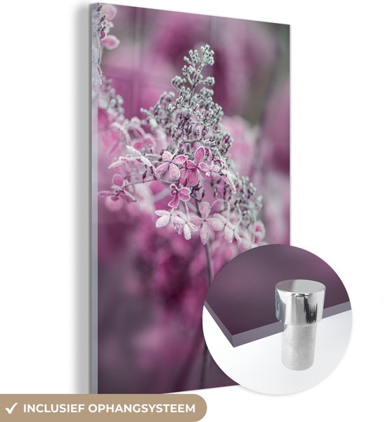 MuchoWow® Glasschilderij 60x90 cm - Schilderij acrylglas - Close-up bevroren hortensia bloemen - Foto op glas - Schilderijen