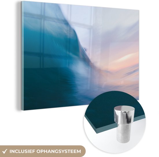 MuchoWow® Peinture sur verre 120x80 cm - Peinture sur verre acrylique - Coucher de soleil derrière les vagues - Photo sur verre - Peintures