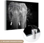 MuchoWow® Glasschilderij 150x100 cm - Schilderij acrylglas - Portret van een olifant in zwart-wit - Foto op glas - Schilderijen