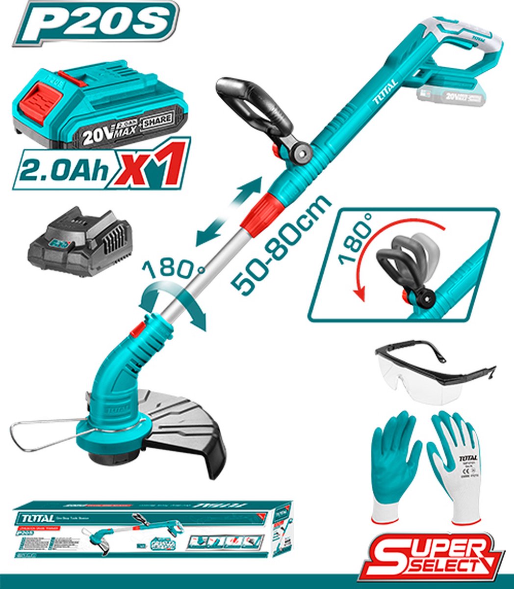 Grastrimmer - Lithium ion 2,0ah 20V - 8200rpm - 300mm maaidiameter - Kantentrim functie - Inclusief 1x accu, 1x lader, 1x veiligheidsbril & 1x veilgheidshandschoenen