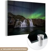 MuchoWow® Glasschilderij 60x40 cm - Schilderij acrylglas - Noorderlicht - Waterval - IJsland - Natuur - Foto op glas - Schilderijen