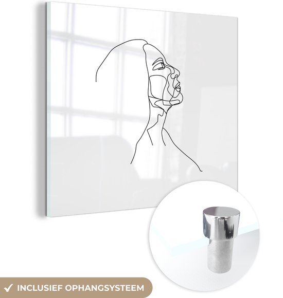 MuchoWow® Glasschilderij 90x90 cm - Schilderij acrylglas - Line art - Vrouwen - Gezicht - Foto op glas - Schilderijen