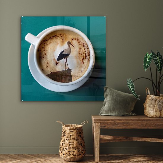 MuchoWow® Peinture sur verre 90x90 cm - Peinture sur verre acrylique - Café - Cigogne - Tasse - Photo sur verre - Peintures