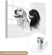 MuchoWow® Glasschilderij 80x60 cm - Schilderij acrylglas - Hond - Tak - Zwart - Wit - Foto op glas - Schilderijen