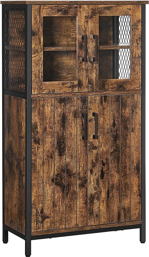 Dressoir - Sidetable - Opbergkast - Ladekast - Dressoir industrieel - Met glazen deuren - 60 x 30 x 108 cm - Bruin - Zwart