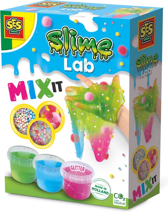 Foto: Ses slime lab mix it 3 kleuren slijm met balletjes pompons en kralen om te mixen slijm maken slime