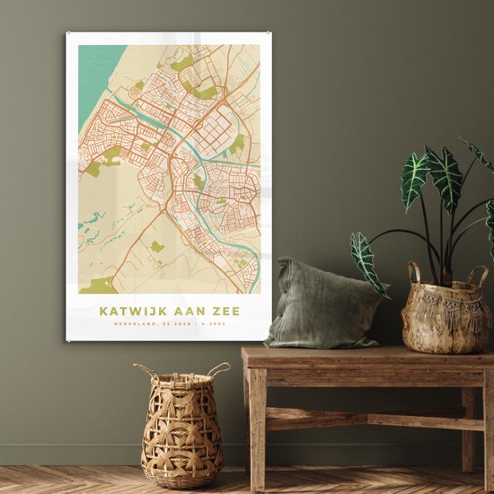 MuchoWow® Peinture sur verre 80x120 cm - Peinture sur verre acrylique - Carte - Katwijk aan Zee - Vintage - Photo sur verre - Peintures - Plan de la ville