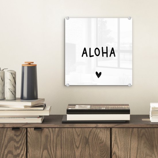 MuchoWow® Peinture sur verre 20x20 cm - Peinture sur verre acrylique - Citation anglaise "Aloha" avec un coeur sur fond blanc - Photo sur verre - Peintures