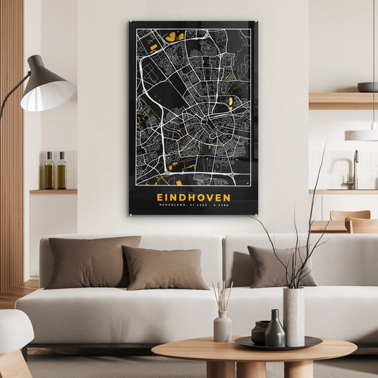 Peinture sur Verre - Carte - Eindhoven - Or - Zwart - 60x90 cm - Peintures sur Verre Peintures - Photo sur Glas - Plan de la Ville