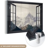 MuchoWow® Glasschilderij 150x100 cm - Schilderij acrylglas - Doorkijk - Berg - Sneeuw - Foto op glas - Schilderijen
