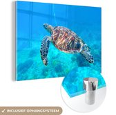 MuchoWow® Glasschilderij 30x20 cm - Schilderij glas - Schildpad - Zee - Blauw - Foto op acrylglas - Schilderijen