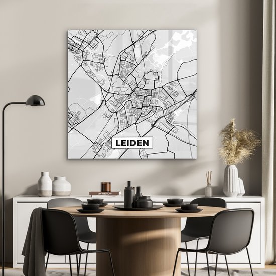 MuchoWow® Peinture sur verre 90x90 cm - Peinture sur verre acrylique - Plan de la ville - Leiden - Grijs - Wit - Photo sur verre - Peintures - Carte
