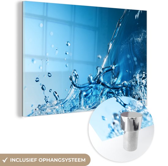 MuchoWow® Glasschilderij 90x60 cm - Schilderij acrylglas - Blauw - Water - Druppel - Foto op glas - Schilderijen
