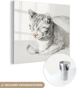 MuchoWow® Glasschilderij 50x50 cm - Schilderij acrylglas - Liggende kat, schuin naar voren - schilderij van Jean Bernard - Foto op glas - Schilderijen