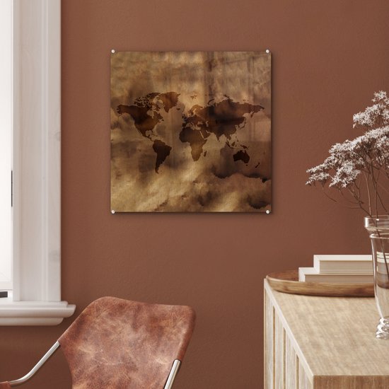 MuchoWow® Glasschilderij 50x50 cm - Schilderij acrylglas - Wereldkaart - Retro - Bruin - Foto op glas - Schilderijen