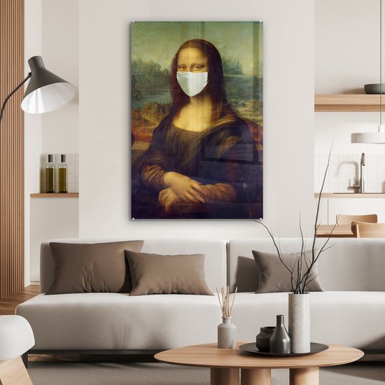 MuchoWow® Peinture sur verre 80x120 cm - Peinture sur verre acrylique - Mona Lisa - Leonardo de Vinci - Masque facial - Photo sur verre - Peintures