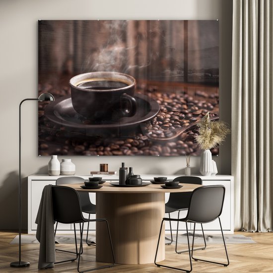 MuchoWow® Peinture sur Verre - Café - Chaud - Grains de café - 160x120 cm - Peintures sur Verre Acrylique - Photo sur Glas