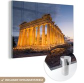MuchoWow® Glasschilderij 180x120 cm - Schilderij acrylglas - Het verlichte Parthenon in Griekenland - Foto op glas - Schilderijen