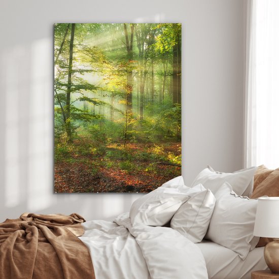 MuchoWow - Glasschilderij - Acrylglas - Zon - Bladeren - Boom - Foto op glas - Schilderij glas - 90x120 cm - Muurdecoratie glas - Glasschilderij binnen - Slaapkamer