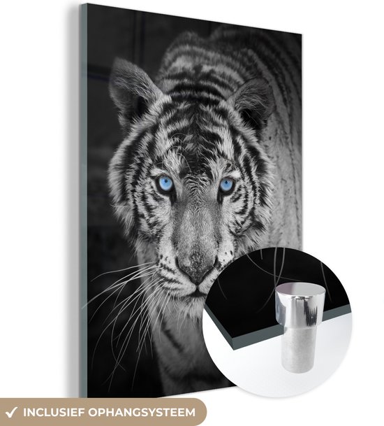 Peinture sur verre - Photo sur verre - Verre acrylique - Animaux - Tigre - Yeux - Blauw - 90x120 cm - Peinture sur verre tigre - Peinture sur verre noir et blanc - Décoration murale verre - Décoration murale animaux
