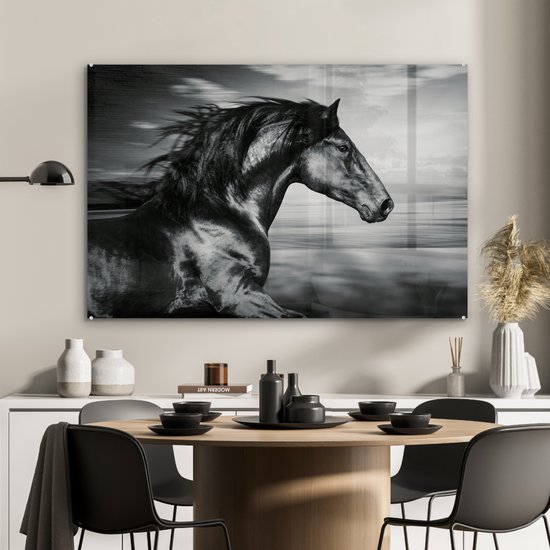 MuchoWow - Peinture sur verre - Photo sur verre - Verre acrylique - Animaux - Cheval - Nature - Zwart et blanc - Décoration murale - 120x80 cm - Peintures cheval - Tableaux salon
