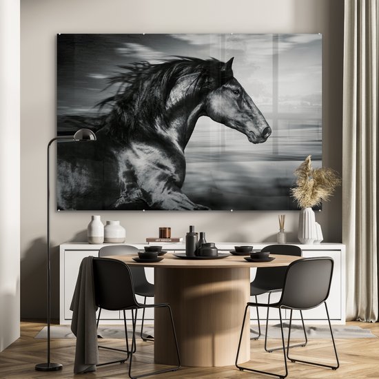 MuchoWow - Peinture sur verre - Photo sur verre - Verre acrylique - Animaux - Cheval - Nature - Zwart et blanc - Décoration murale - 150x100 cm - Peinture cheval - Peintures de salon