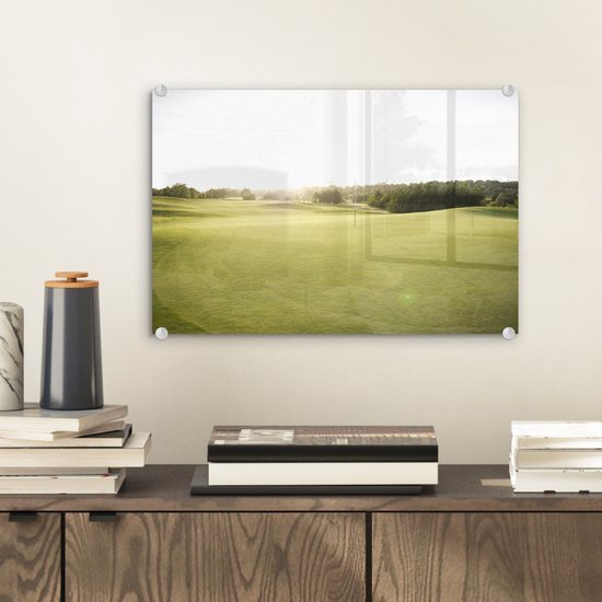 MuchoWow® Peinture sur verre 30x20 cm - Peinture sur verre acrylique - Vue sur un parcours de golf vert au lever du soleil - Photo sur verre - Peintures