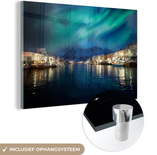 MuchoWow® Glasschilderij 120x80 cm - Schilderij acrylglas - Noorderlicht - Noorwegen - Berg - Foto op glas - Schilderijen