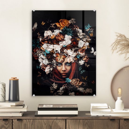 Peinture sur Verre - Fleurs - Papillon - Femmes - Foulard - 30x40 cm - Peintures sur Verre Peintures - Photo sur Glas