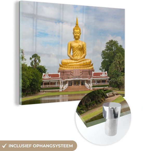 MuchoWow - Glasschilderij - Acrylglas - Buddha beeld - Tempel - Natuur - Muurdecoratie - Glasschilderij binnen - 120x90 cm - Schilderij glas - Wanddecoratie
