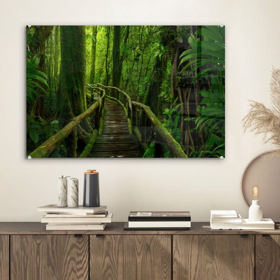Peinture sur verre - Photo sur verre - Forêt - Arbres - Jungle - Chemin - Vert - Décoration murale - Verre acrylique - 60x40 cm - Décoration murale murale - Peinture sur verre