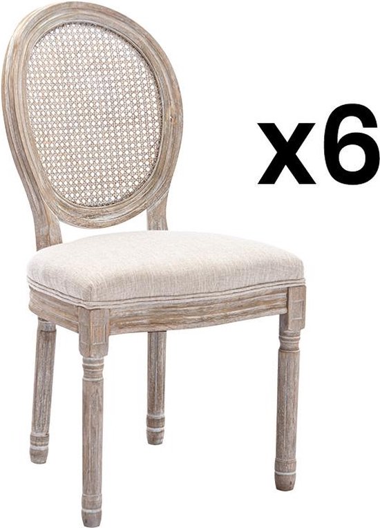 Set van 6 stoelen - Riet, stof en heveahout - Beige - ANTOINETTE L 49 cm x H 95 cm x D 57.5 cm