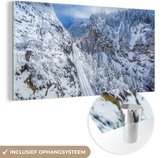 MuchoWow® Glasschilderij 160x80 cm - Schilderij acrylglas - Trein door het winterlandschap van Zwitserland - Foto op glas - Schilderijen
