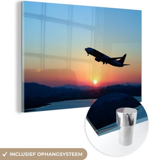 MuchoWow® Glasschilderij 120x80 cm - Schilderij acrylglas - Stijgend vliegtuig met een heldere lucht - Foto op glas - Schilderijen