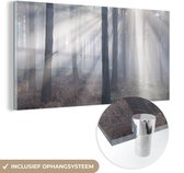 MuchoWow® Glasschilderij - Zonnestralen schijnen in een bos - 80x40 cm - Acrylglas Schilderijen - Foto op Glas