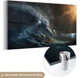 MuchoWow® Glasschilderij 160x80 cm - Schilderij acrylglas - Een vissersboot die in de stormachtige zee vaart - Foto op glas - Schilderijen