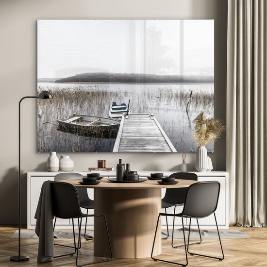 Bateaux à rames amarrés à une jetée Plexiglas 160x120 cm - Tirage photo sur verre (décoration murale plexiglas) XXL / Grand format!