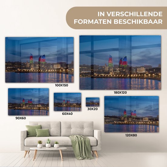 MuchoWow® Glasschilderij 90x60 cm - Schilderij acrylglas - Gekleurde Flame Towers in Azerbeidzjan - Foto op glas - Schilderijen