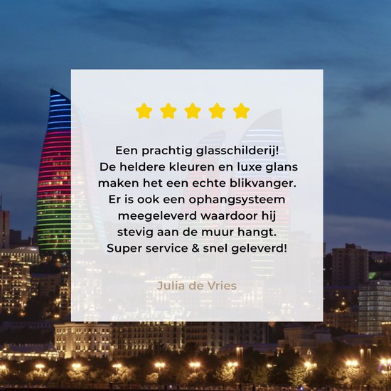 MuchoWow® Glasschilderij 90x60 cm - Schilderij acrylglas - Gekleurde Flame Towers in Azerbeidzjan - Foto op glas - Schilderijen