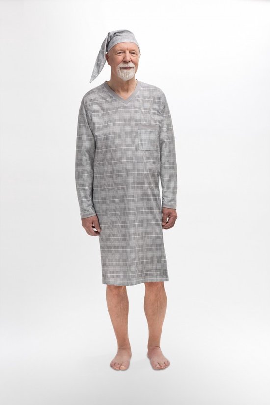 Martel Sylwester heren nachthemd met slaapmuts grijs- lange mouwen 4XL
