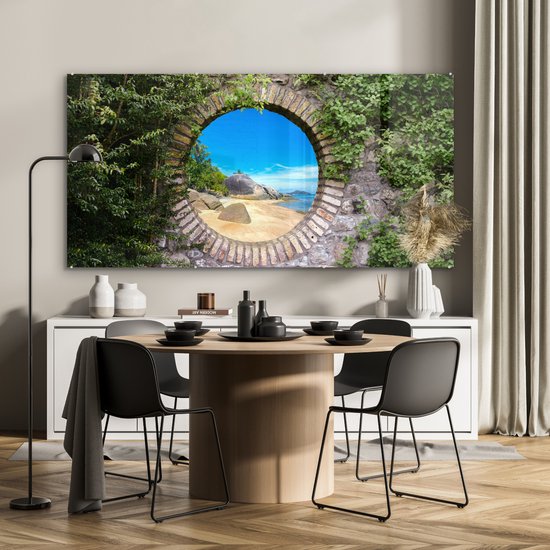MuchoWow® Glasschilderij 160x80 cm - Schilderij acrylglas - Zomer - Strand - Doorkijk - Tropical - Foto op glas - Muurdecoratie woonkamer - Wanddecoratie slaapkamer - Schilderijen