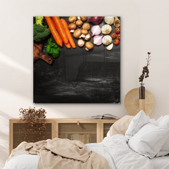 MuchoWow® Glasschilderij 90x90 cm - Schilderij acrylglas - Wortel - Groente - Kruiden - Specerijen - Rustiek - Foto op glas - Schilderijen